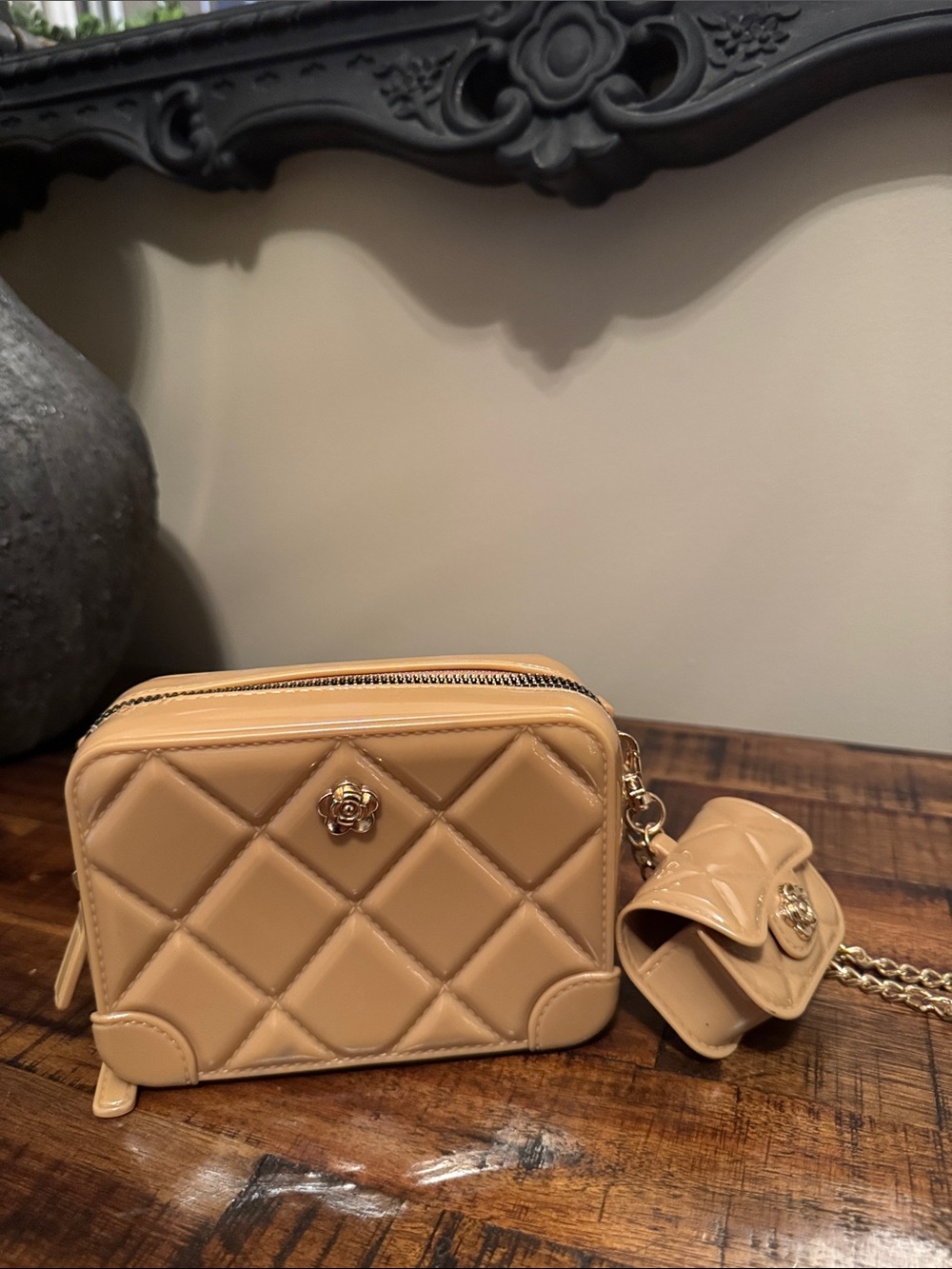 Quilted Beige Jelly Crossbody Bag with Charm